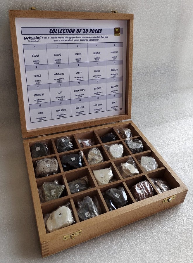 Rocksmins RO20WB-Export-SC Collection of 20 Rocks in a Export Quality Steam Beach Wood Wooden Box 20 Big Specimen Set of Rock Igneous Sedimentary Metamorphic Rock Collection Geology Kits for Study - Image 4